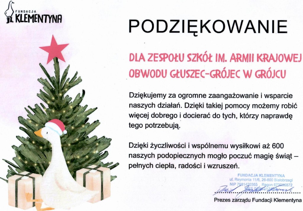 Podziękowanie od Fundacji Klementyna