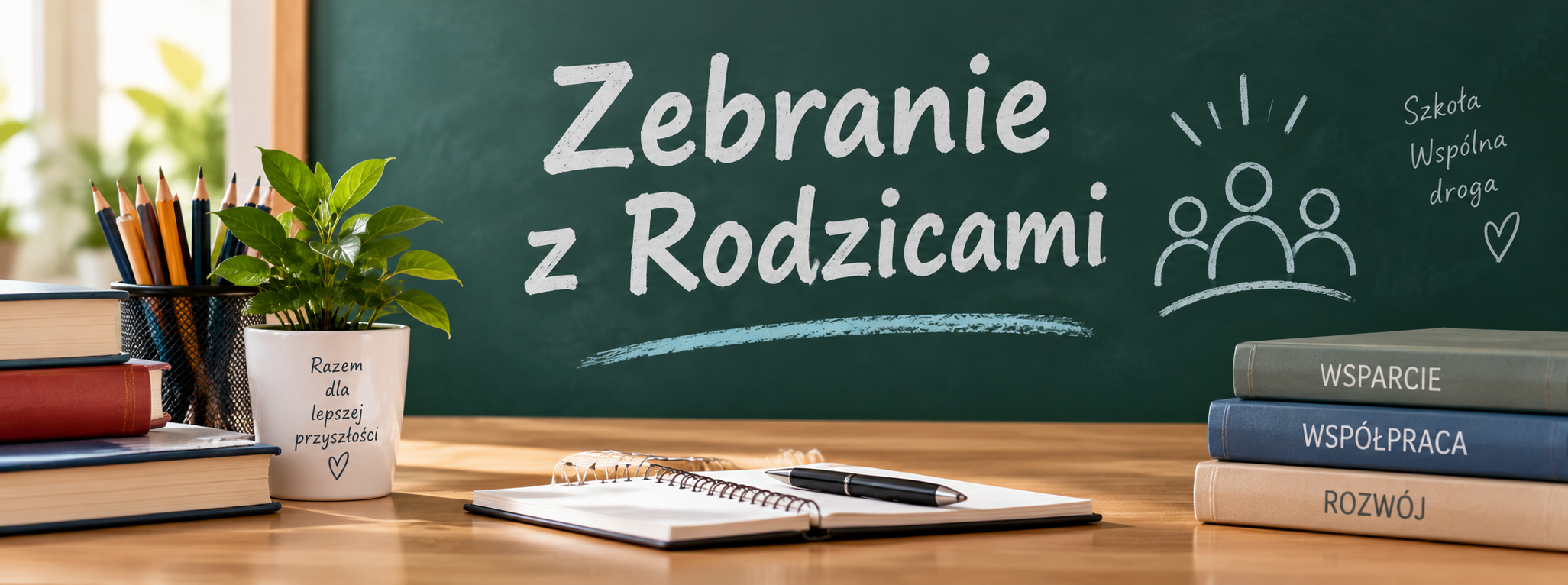 Grafika zapowiadająca zebranie z rodzicami, z napisem na szkolnej tablicy oraz książkami i przyborami szkolnymi na biurku.